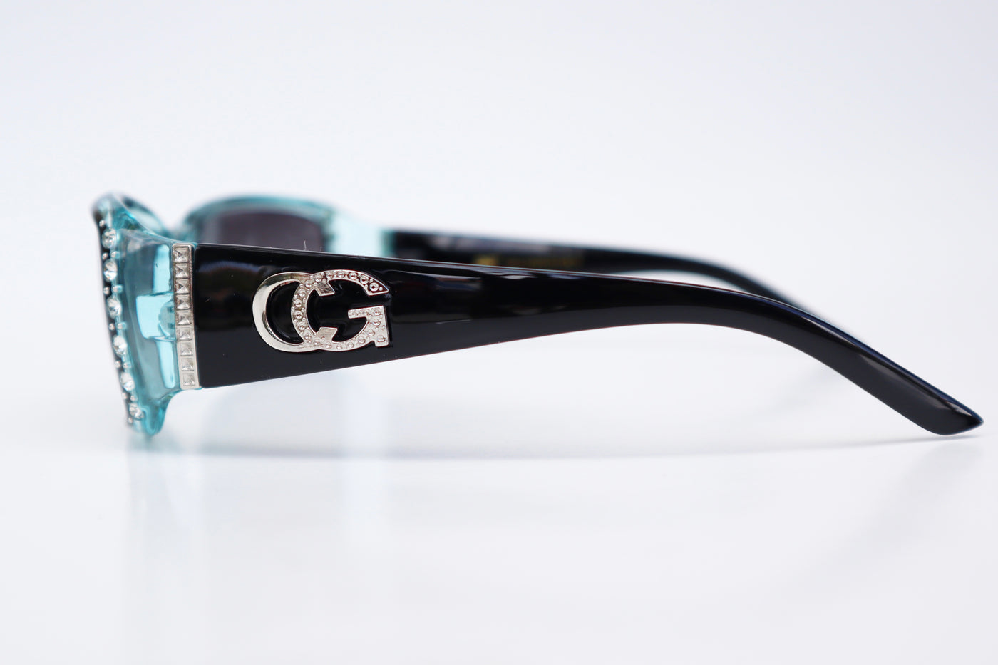 VG Women's Rhinestone Sunglasses Translucent Blue and Black Frame with Black Lens